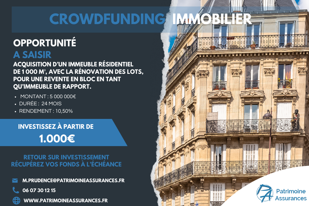 Projet d’Acquisition d’un immeuble résidentiel de 1 000 m²5 000 000 €  |  24 mois  | 10,50 %